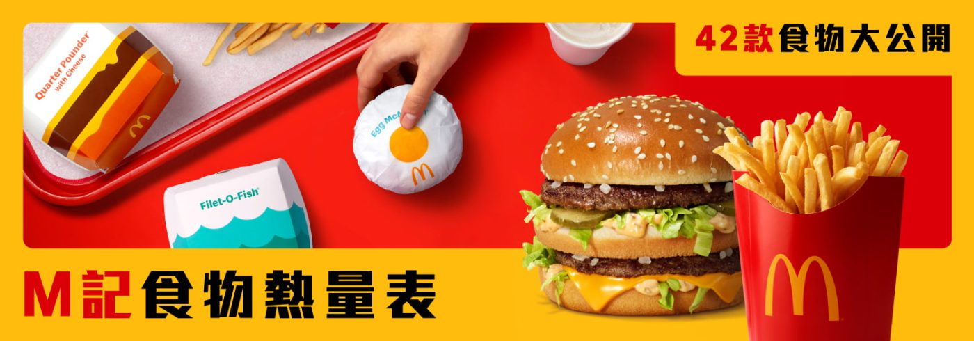 M記食物熱量表橫幅:公開 42 款麥當勞漢堡、薯條及餐點卡路里資訊。