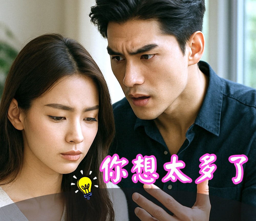 男子質疑伴侶且配有「你想太多了」字樣，象徵關係中的 Gaslighting。